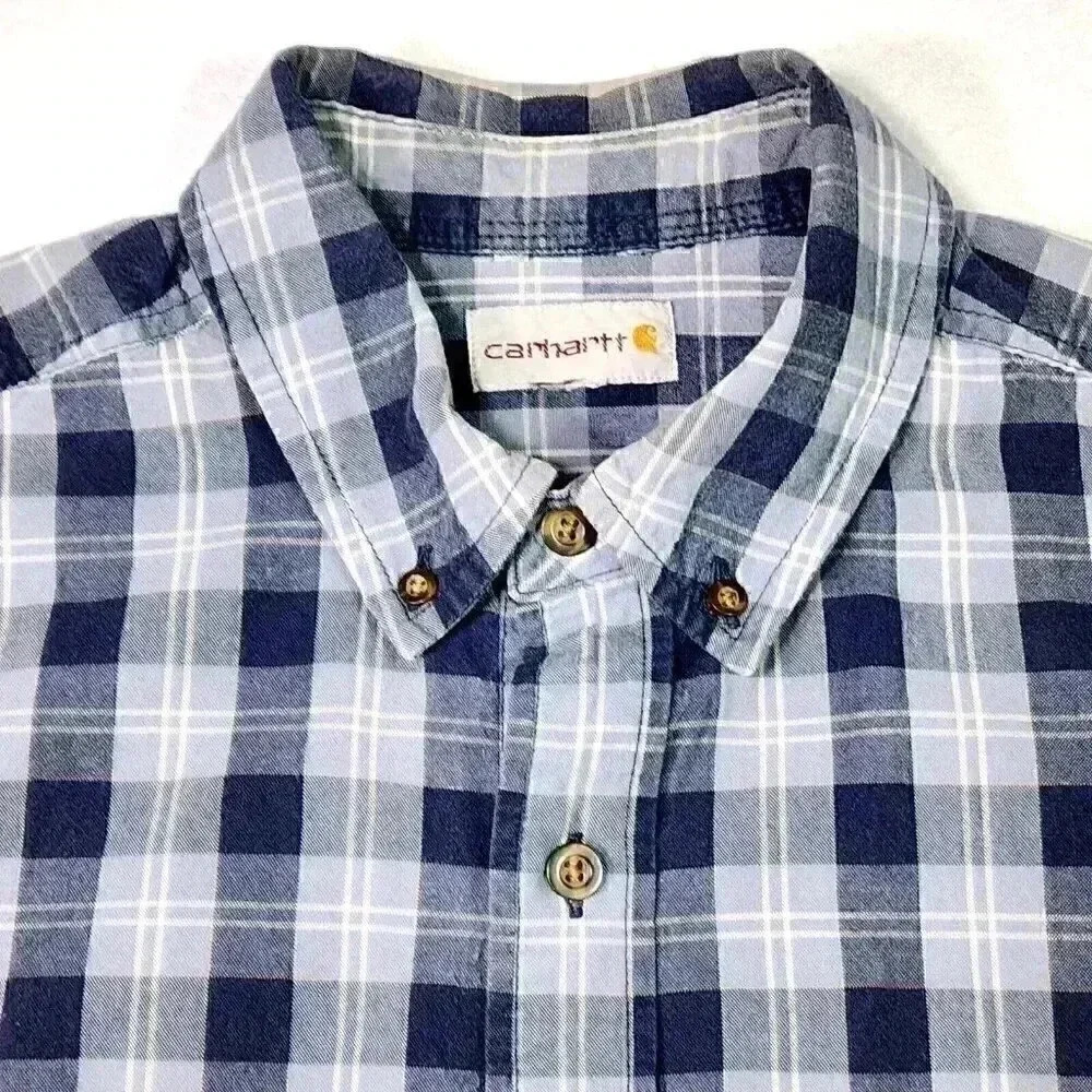 Carhartt Men's Loose Fit Midweight Shirt Large Short Sleeve Blue Plaid Button Up - Picture 2 of 15